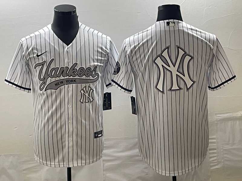 Mens New York Yankees Big Logo White Pinstripe Cool Base Stitched Baseball Jersey->new york yankees->MLB Jersey